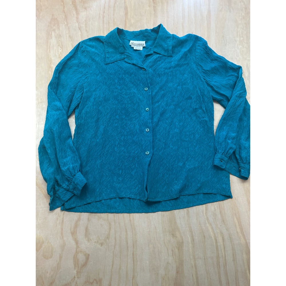 Alexandria Vintage 100% Silk Teal Blue Crinkle Jacquard Button Down Blouse 12